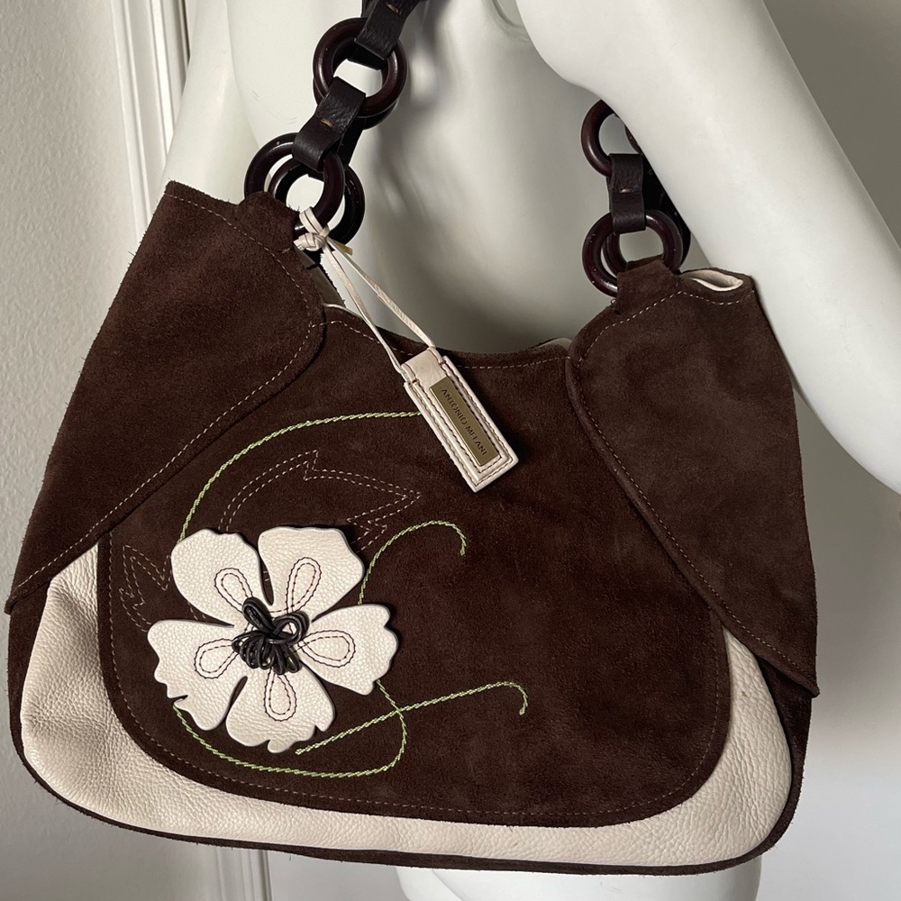 Antonio Melani Ivory Leather and Brown Suede Hobo Bag With A Flower